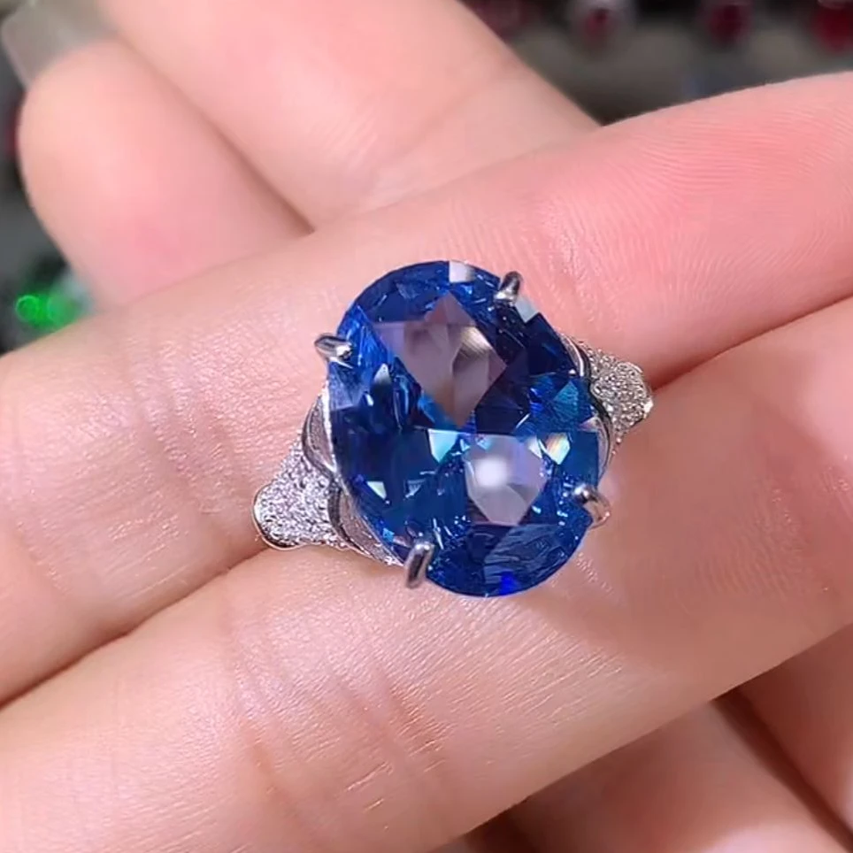 925银戒指  S925银戒指 大克拉重工 精切海蓝色戒指白