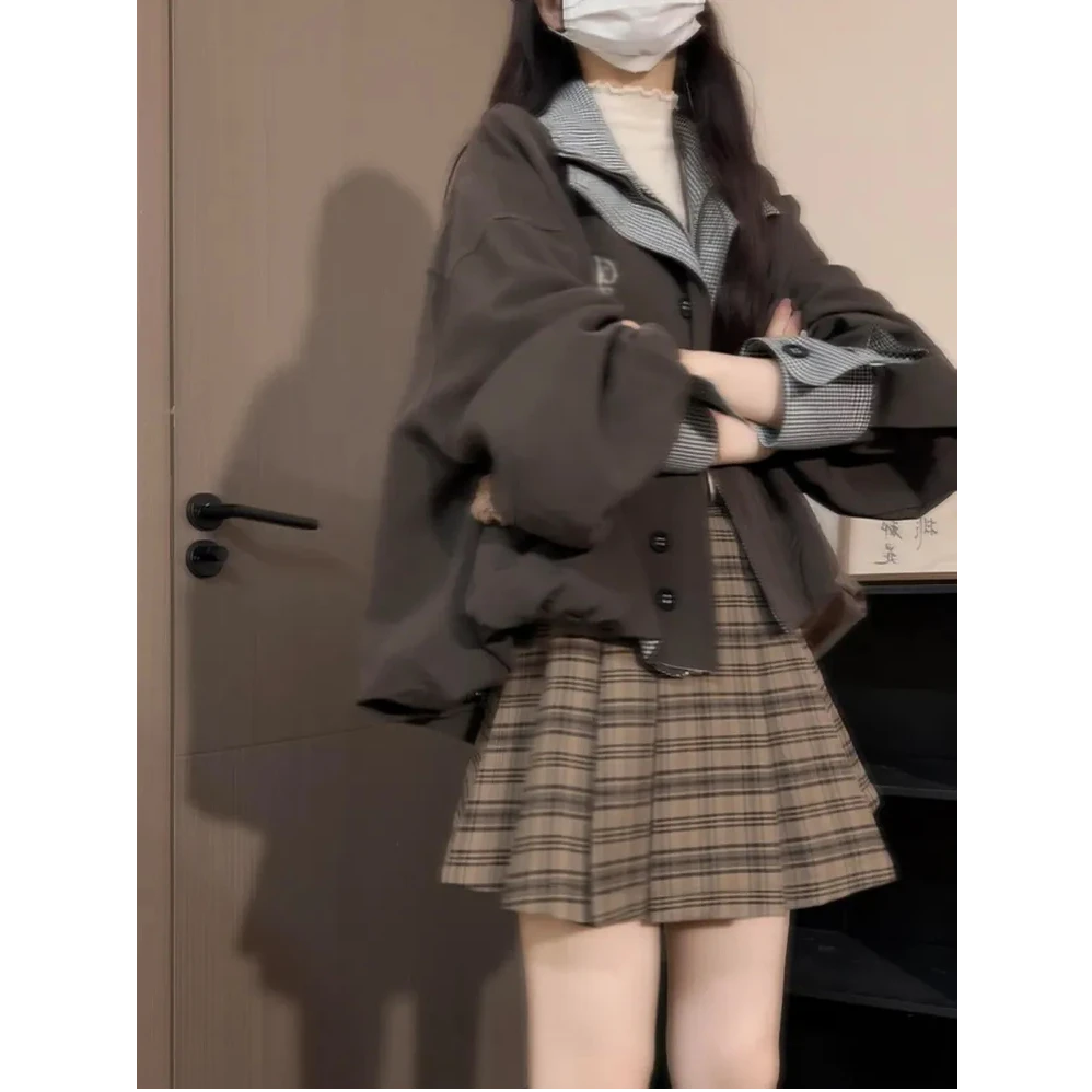 韩系慵懒宽松咖色短款双层领夹克外套复古格纹百褶短裙减龄套装女
