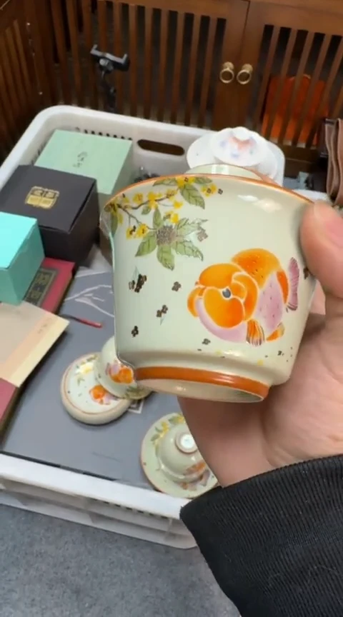 摆件陶茶具茶具茶具桂花金鱼盖碗