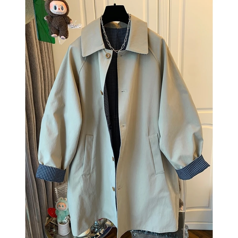 时尚法式气质两面穿格子翻领长袖风衣宽松韩版中长款外套女秋装