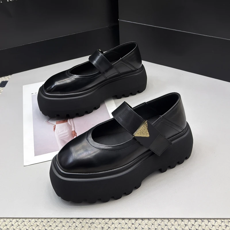 LG916-7方头小皮鞋女英伦风厚底增高浅口单鞋真皮松糕玛丽珍鞋子