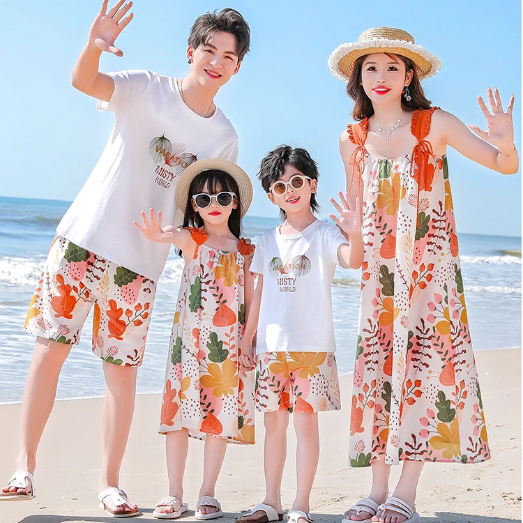 三亚度假沙滩裙亲子装一家三口四口夏装母女母子海边旅游短袖套装