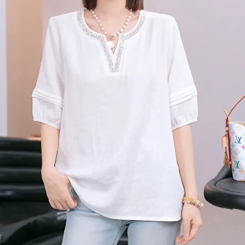 重工设计感时尚减龄百搭V领短袖洋气小衫2025年夏季新款修身上衣