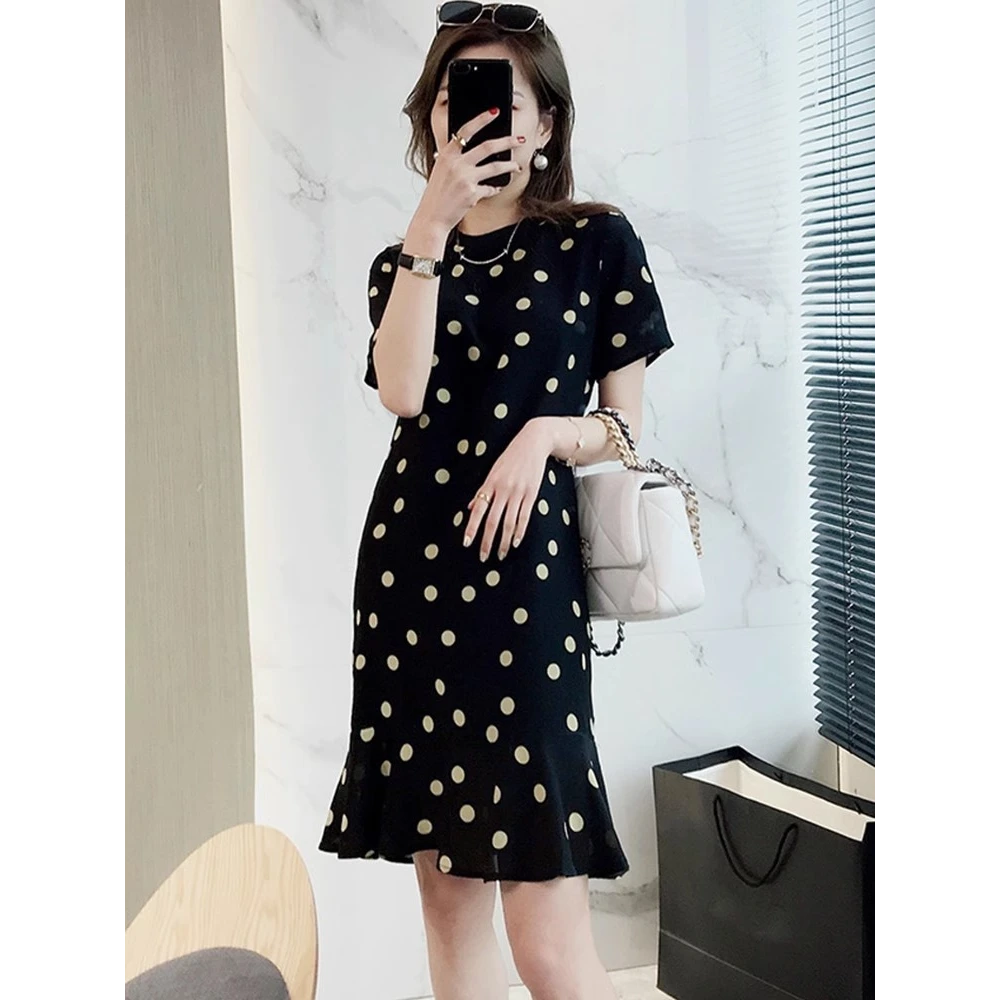 欧洲站2025春新款法式轻熟小黑裙宽松显瘦连衣裙女波点鱼尾裙子