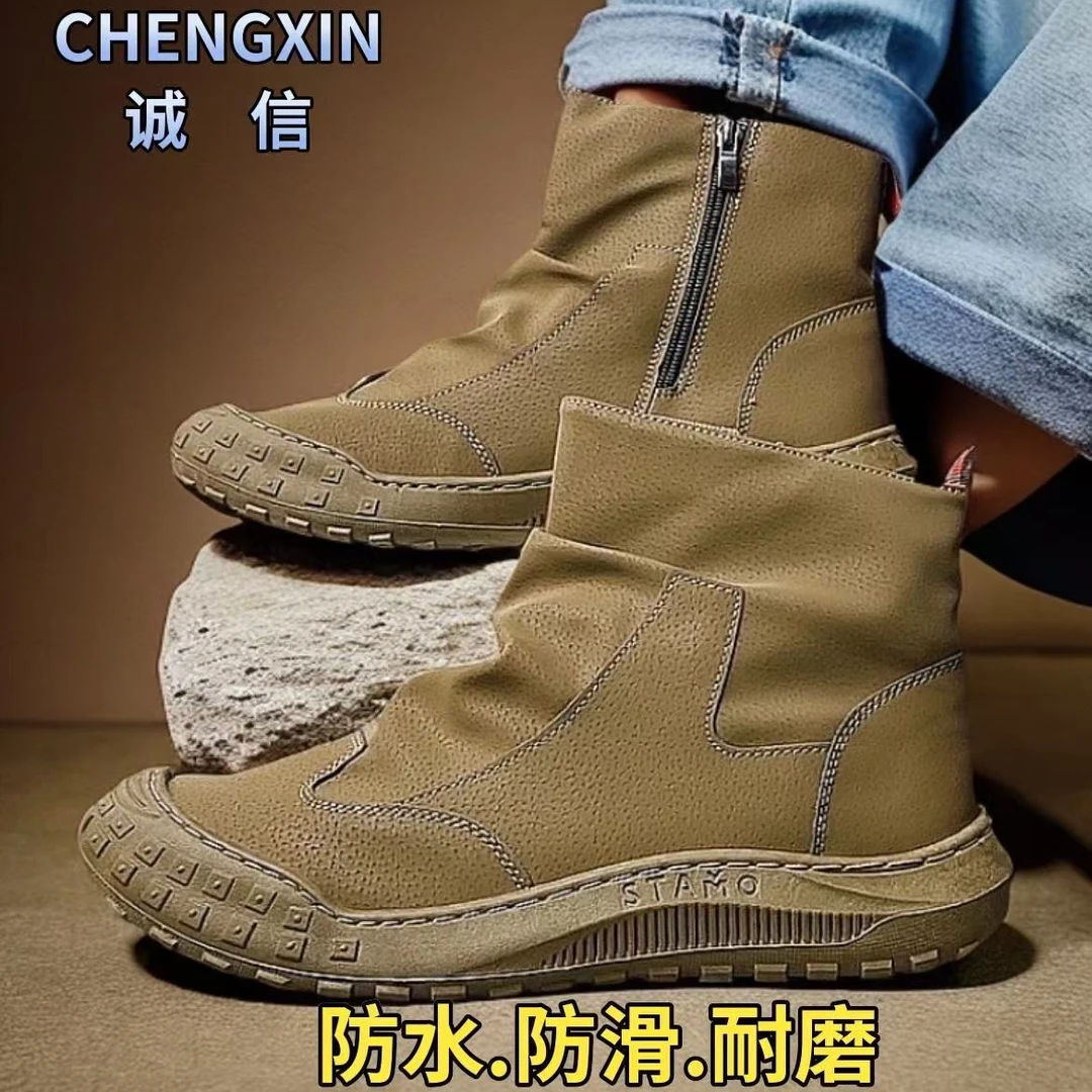 新款拉链高帮运动鞋一脚蹬低跟高帮防水男鞋男士休闲鞋工装鞋