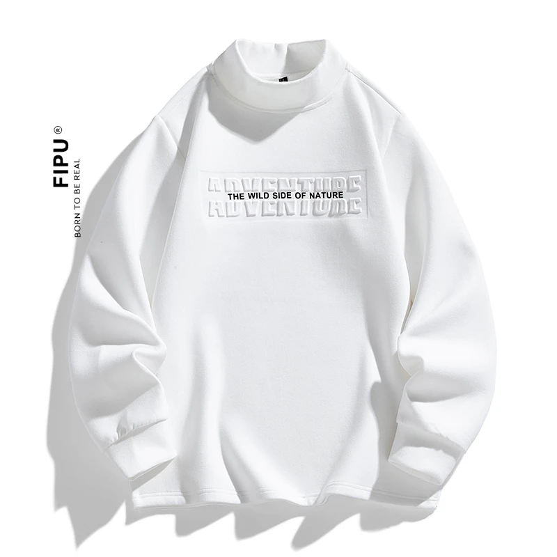 FIPU打底衫秋冬双面绒德绒卫衣男半高领套头保暖宽松长袖钢印卫衣