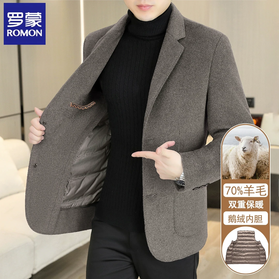 罗蒙高端鹅绒内胆双面呢大衣男士外套短款羊毛呢子西服秋冬季加厚