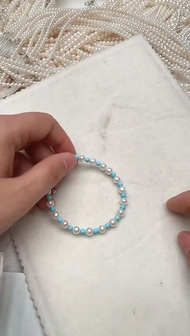 银S925镶嵌拼合珍珠（马贝珠）手链5-6松石手链