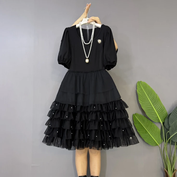 新款大码女装时尚洋气重工钉珠A字版蛋糕连衣裙