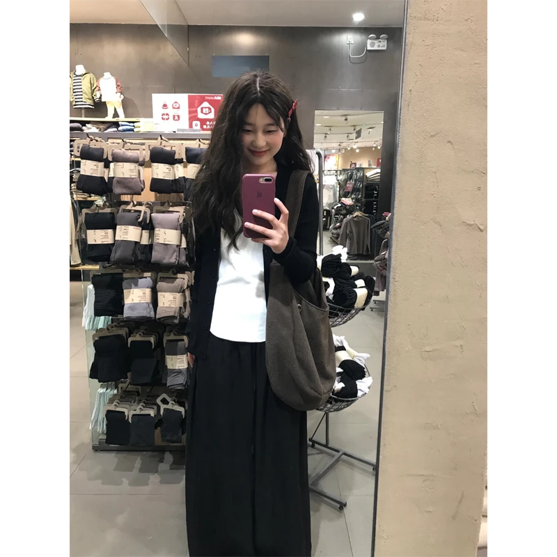 长袖开衫遮肚子显瘦打底上衣外套长裤高腰阔腿慵懒拖地裤2025春夏