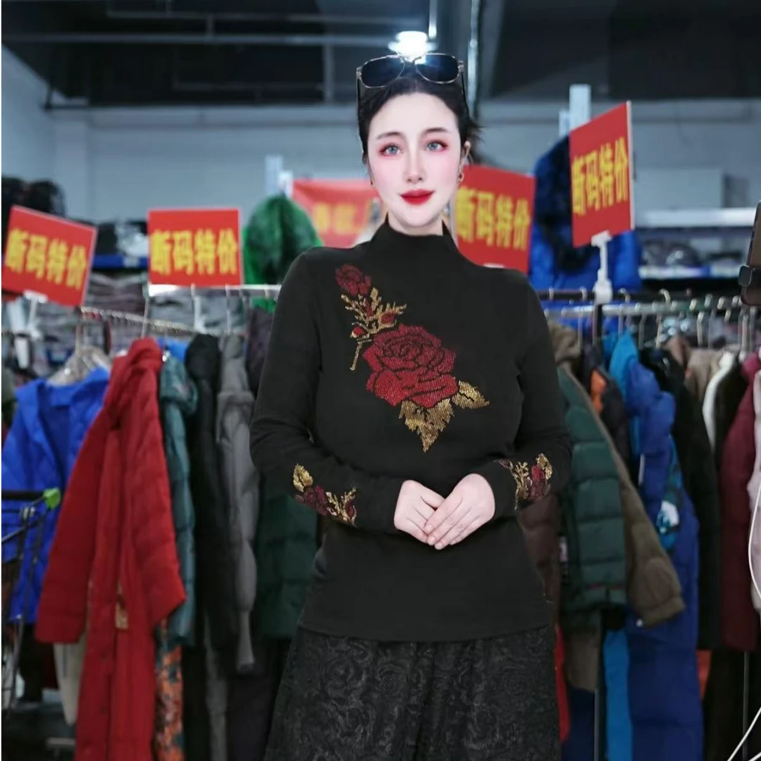 【LeiXiaoQi/雷小七】红玫瑰烫钻长袖上衣半高领洋气打底衫女秋冬