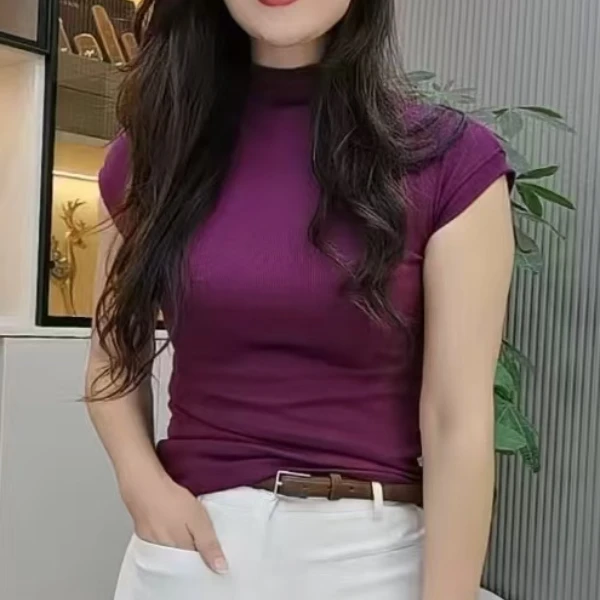 无袖过肩半高领螺纹棉线打底衫