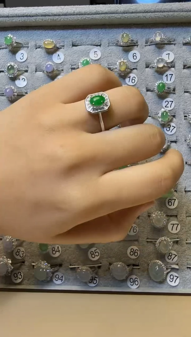 银S925镶嵌戒指翡翠925银镶缅甸A货翡翠戒指【5】