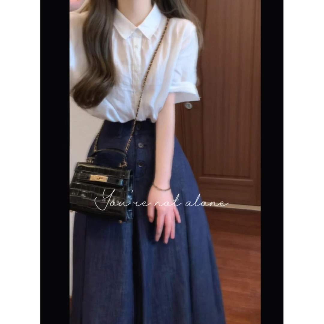 2025夏季新款时尚气质高级感薄款纯色衬衫上衣搭高腰半身裙套装女