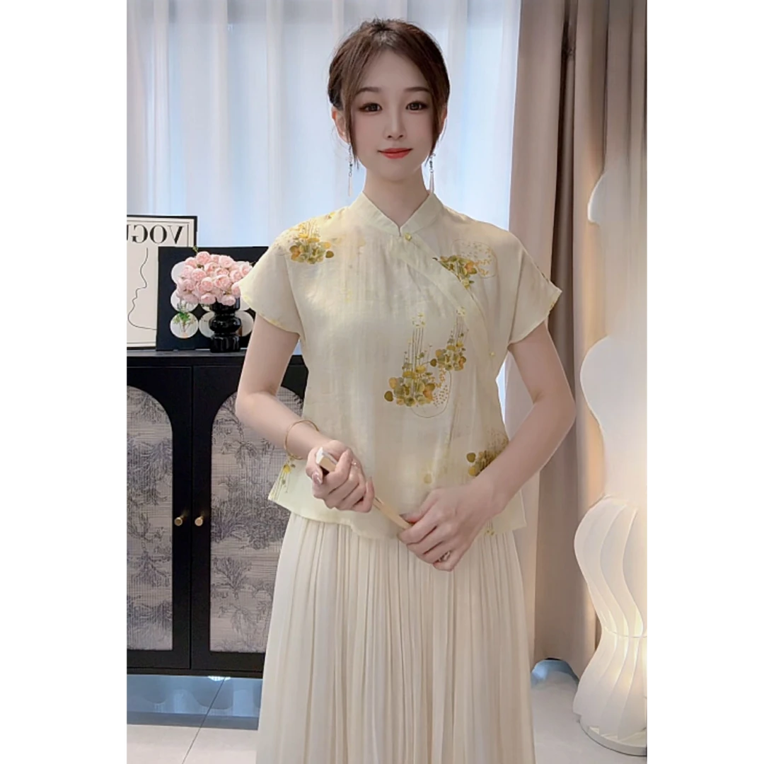 【全额运费补贴】国风复古立领斜襟衬衫设计感印花新中式上衣9638