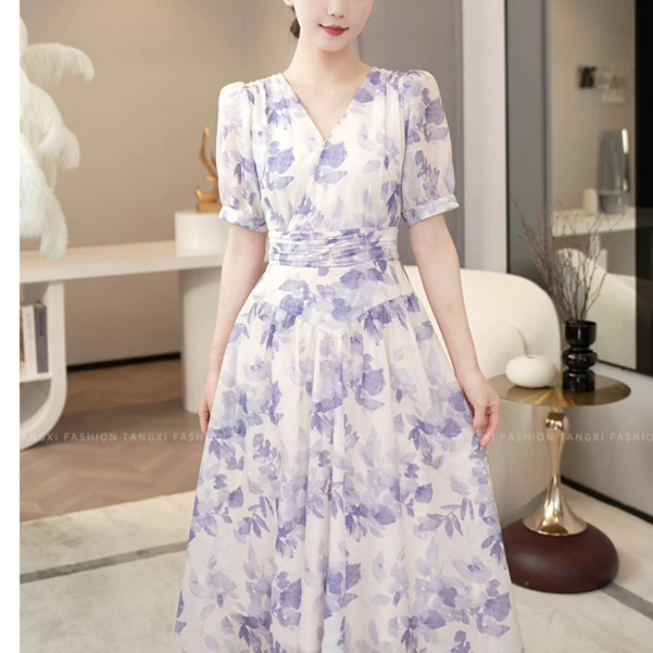 现货2025夏季新款【Y23-X10】法式小个子紫色碎花约会a字连衣裙子女