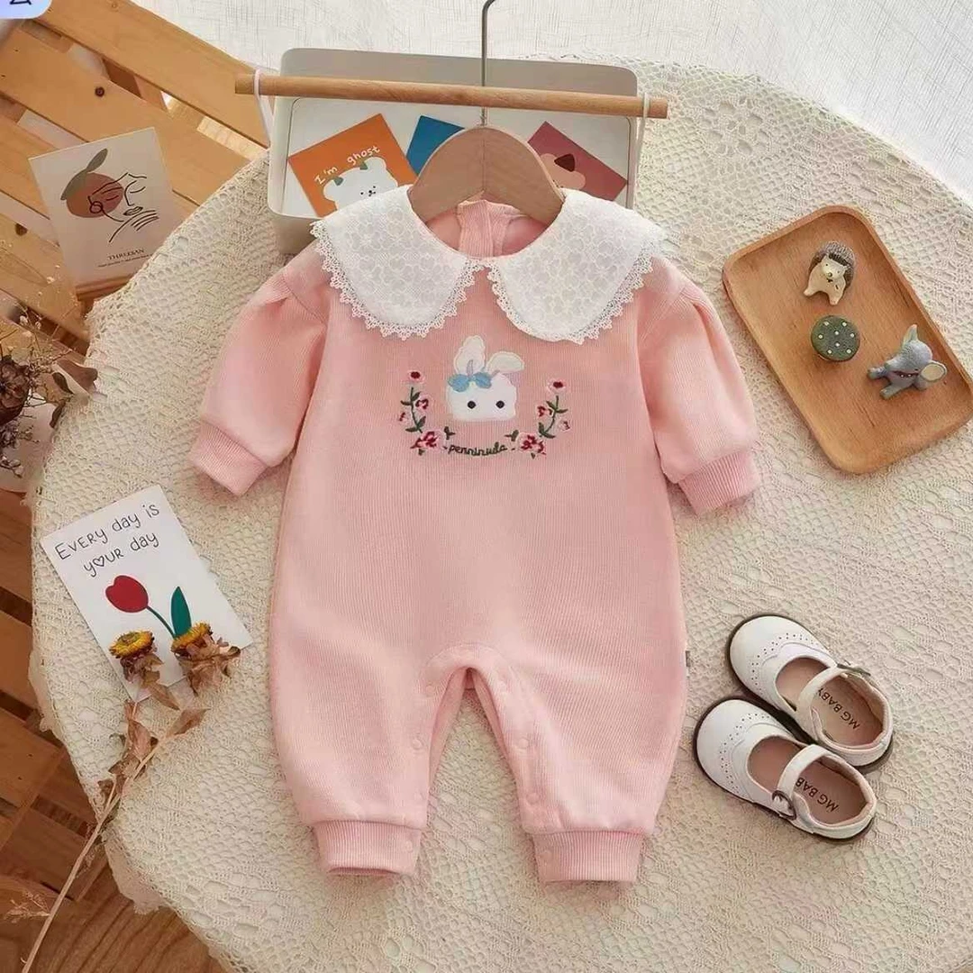 春季新款！！0177秋季婴幼儿宝宝翻领小兔刺绣哈衣长袖双层外出哈衣