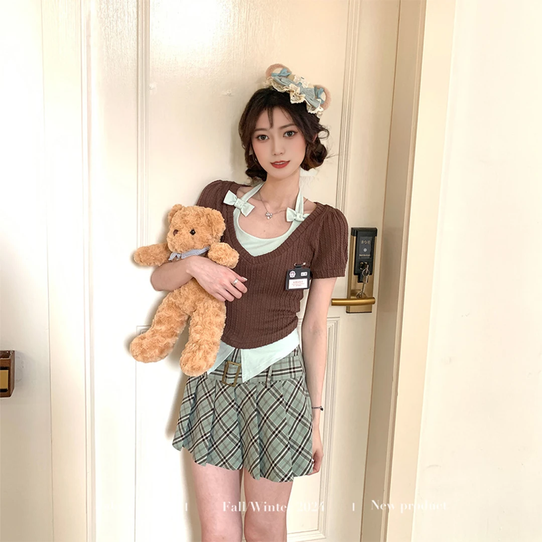 【夏日薄巧】摩卡学院 森系学院风棕色假两件上衣格纹显瘦百褶短裙