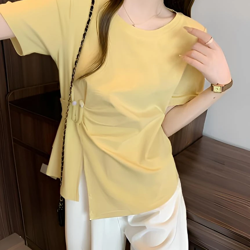 夏装胖妹妹大码时尚百搭国风不对称收腰胖mm短袖上衣T恤