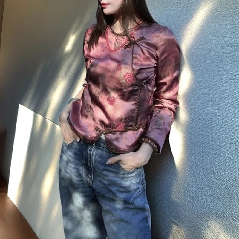 改良新中式盘扣九分袖衬衫2025年初秋新款国风紫色提花超好看上衣