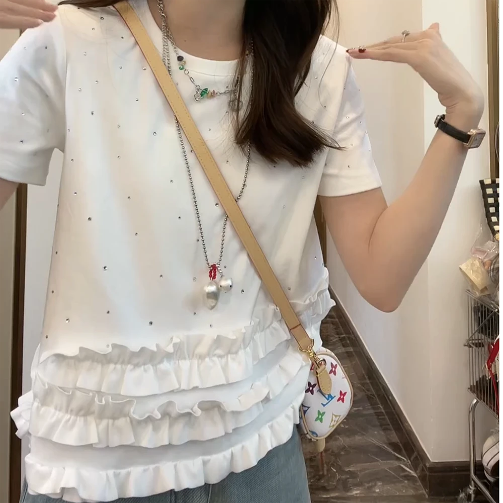 【花边闪闪】韩系亮晶晶花边简约T恤白色短袖上衣女2025夏季