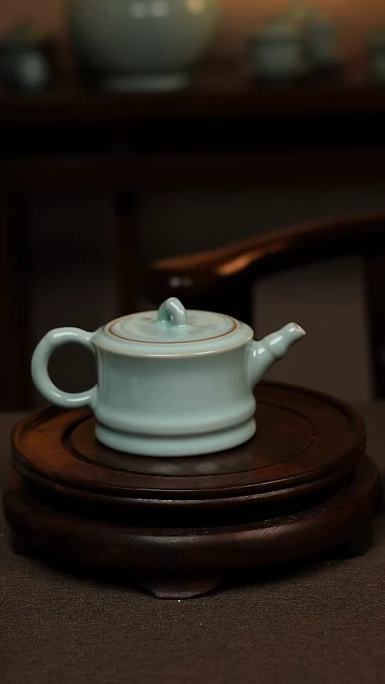 瓷片天青色全手工竹节壶180ml微瑕不带礼盒