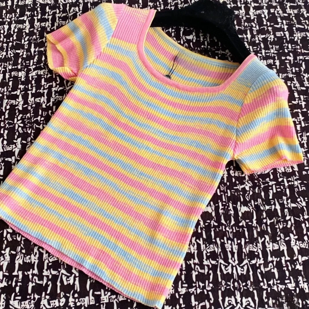 《猪猪出品》25上新夏季粉彩撞色条纹套头针织减龄短袖针织衫530