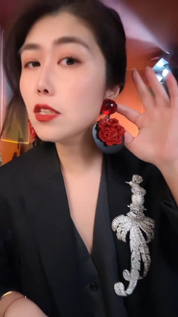 合金琉璃合金无复古百搭款黑红色花朵耳夹