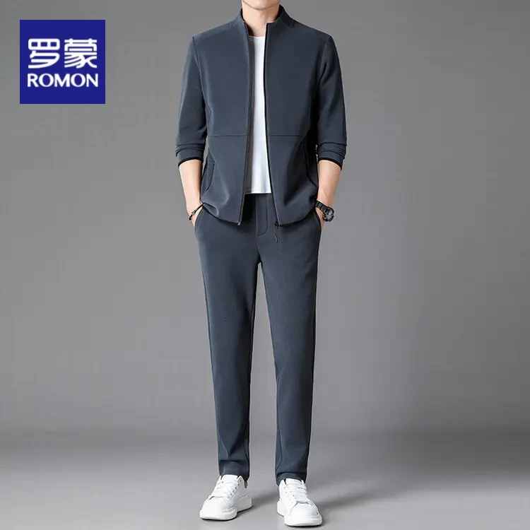 罗蒙春秋季休闲运动两件套立领开衫卫衣直筒气场强大长裤修身套装
