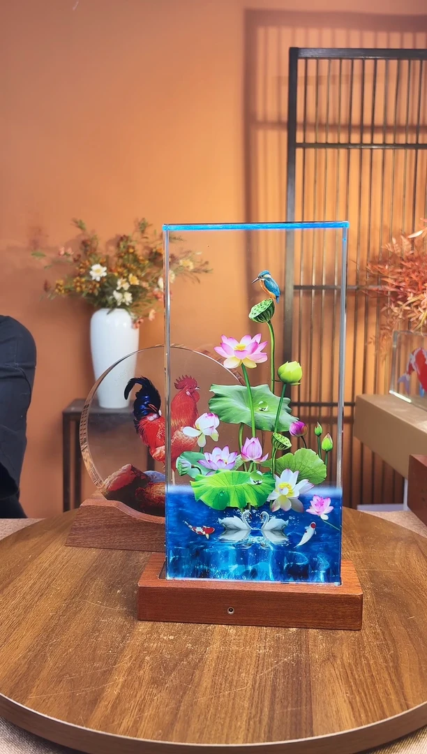 人造水晶方形荷花30/15/4加底座