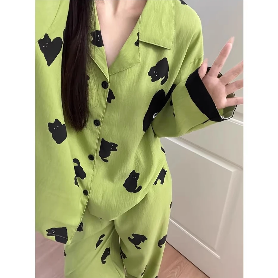 可爱撞色小黑猫翻领睡衣女春秋季长袖长裤薄款休闲外穿家居服套装