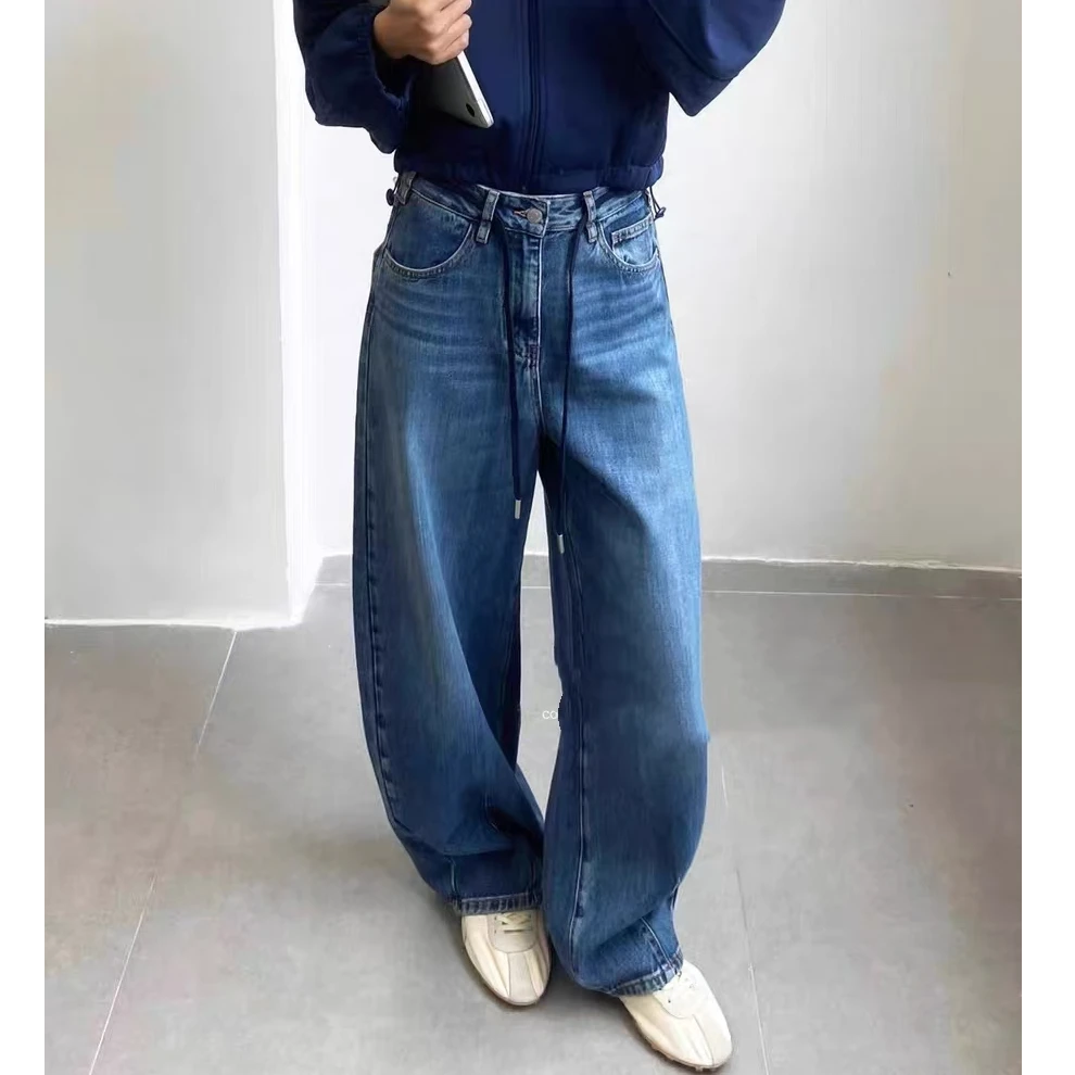 SU【285】花505 愫言 高腰显瘦2025秋款时尚宽松阔腿裤女弯刀牛仔裤