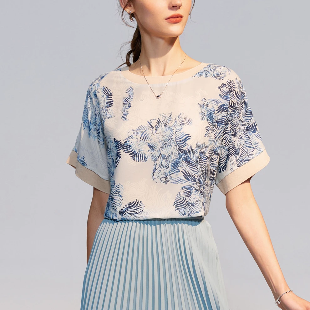 桑蚕丝千鸟格山茶花女式T恤女式T恤 4007