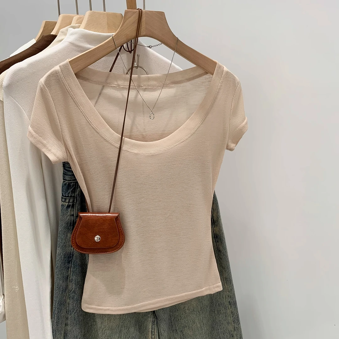 粉色薄款微透短袖T恤女夏季新款大领口时尚显瘦上衣百搭气质小衫