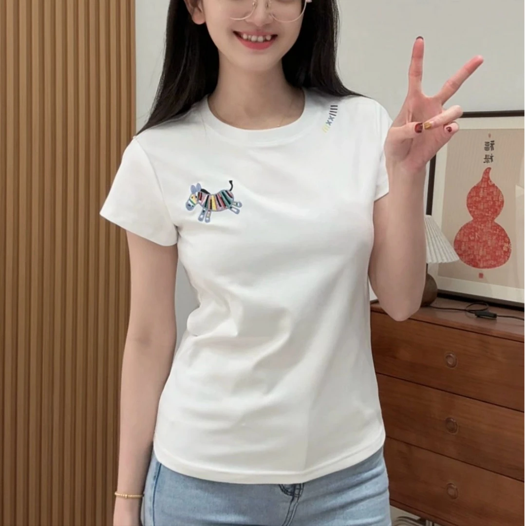高品质冰瓷棉韩版刺绣短袖T恤夏季2025新款百搭显瘦圆领上衣休闲