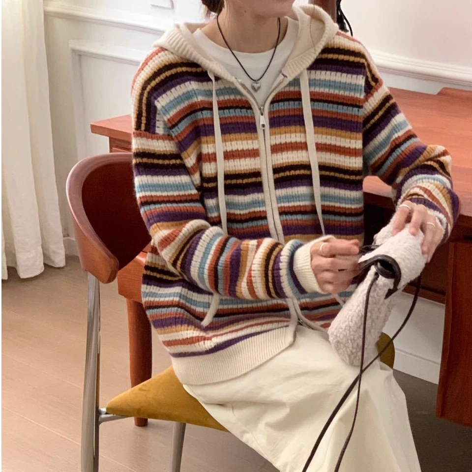 【静姐家】68705韩系慵懒风条纹连帽秋冬针织毛针织衫时尚显瘦撞色