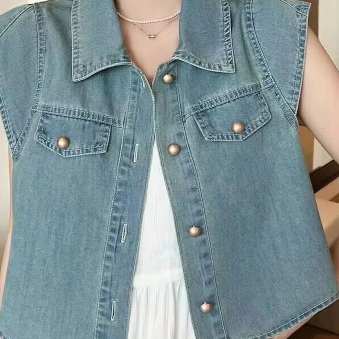 时尚牛仔马甲背心女夏季薄款2024新款小个子外穿无袖短款马夹上衣