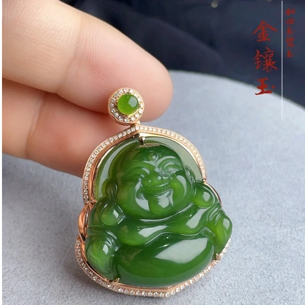 【璞石琢玉】新疆和田玉18k金镶嵌碧玉猫眼佛公吊坠笑佛大肚佛
