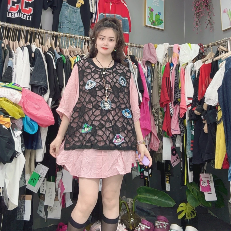 LY家6753#F.M 卡通布贴网纱拼接假两件宽松休闲百搭T恤