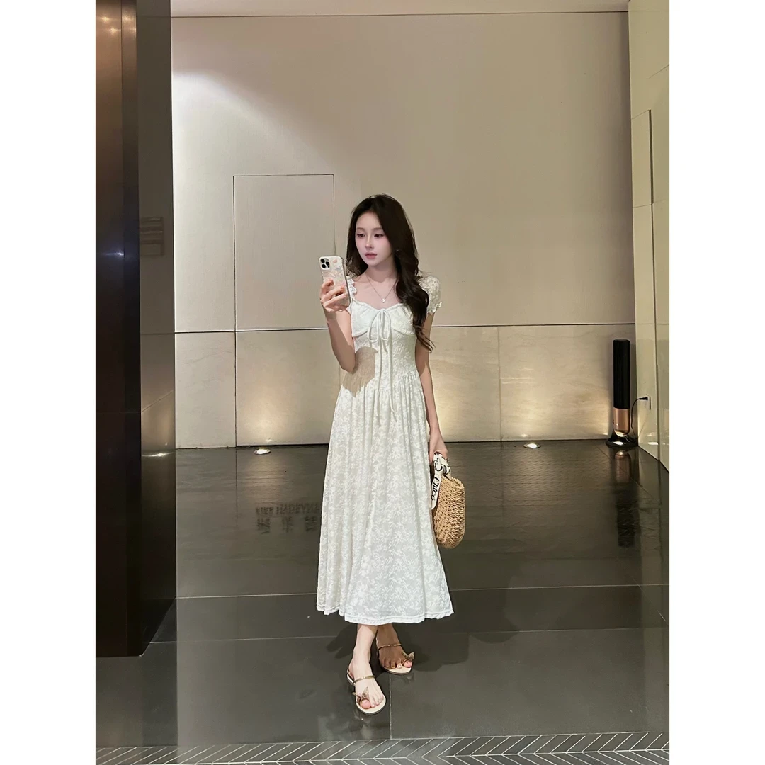 星仔-高品质-法式优雅提花抽绳连衣裙女气质茶歇裙温柔绑带