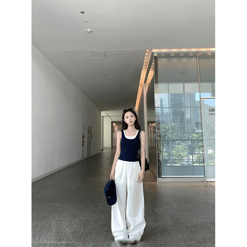 套装夏季知性风温柔女假两件撞色无袖女款上衣高腰休闲阔腿裤背心