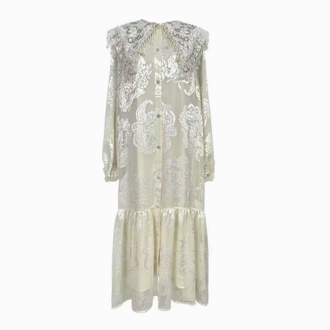 （晴空）夏季设计师轻奢女士裙子常规袖连衣裙绣花褶皱休闲显瘦气质