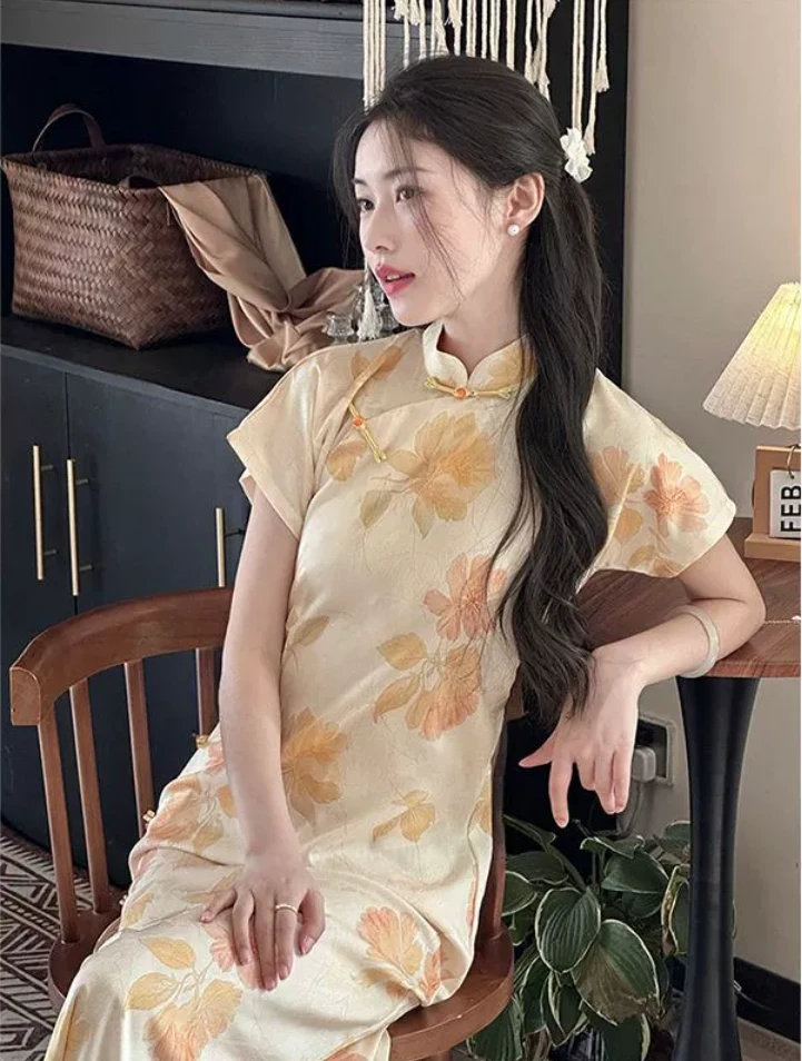 【温婉】120显瘦古法全开襟宽松黄色全旗袍夏季可穿新中式少女