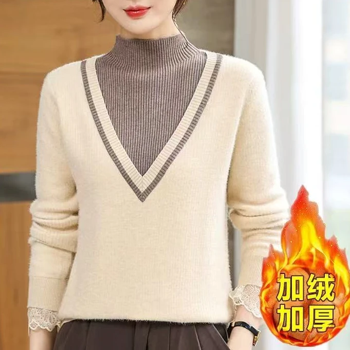 936#一体绒假两件针织衫新款半高领1 19