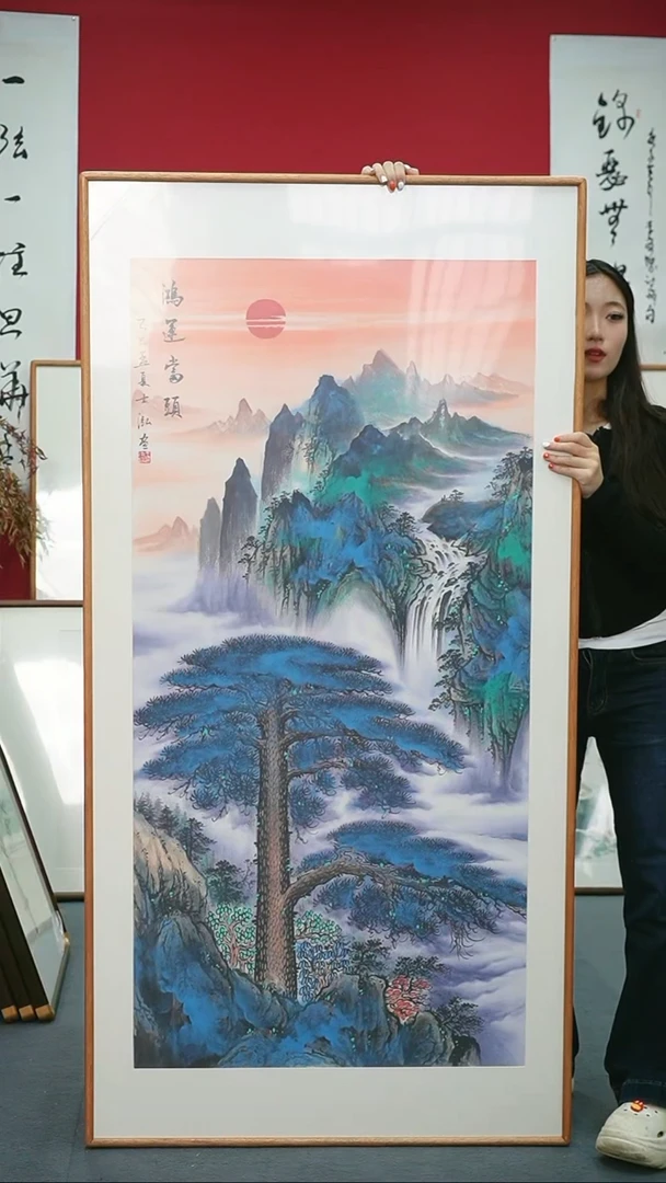 国画83*163带框手绘作品