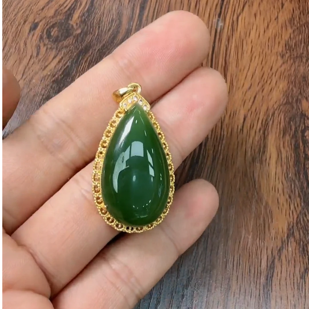 【同庆珍品】18K金和田玉水滴吊坠30*16mm 不含链 Y01