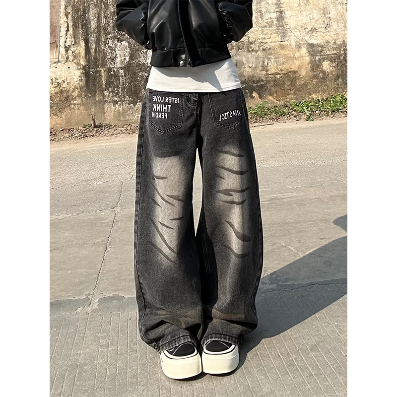 美式复古设计感灰色牛仔裤裤子女2026春季新款宽松慵懒风阔腿裤