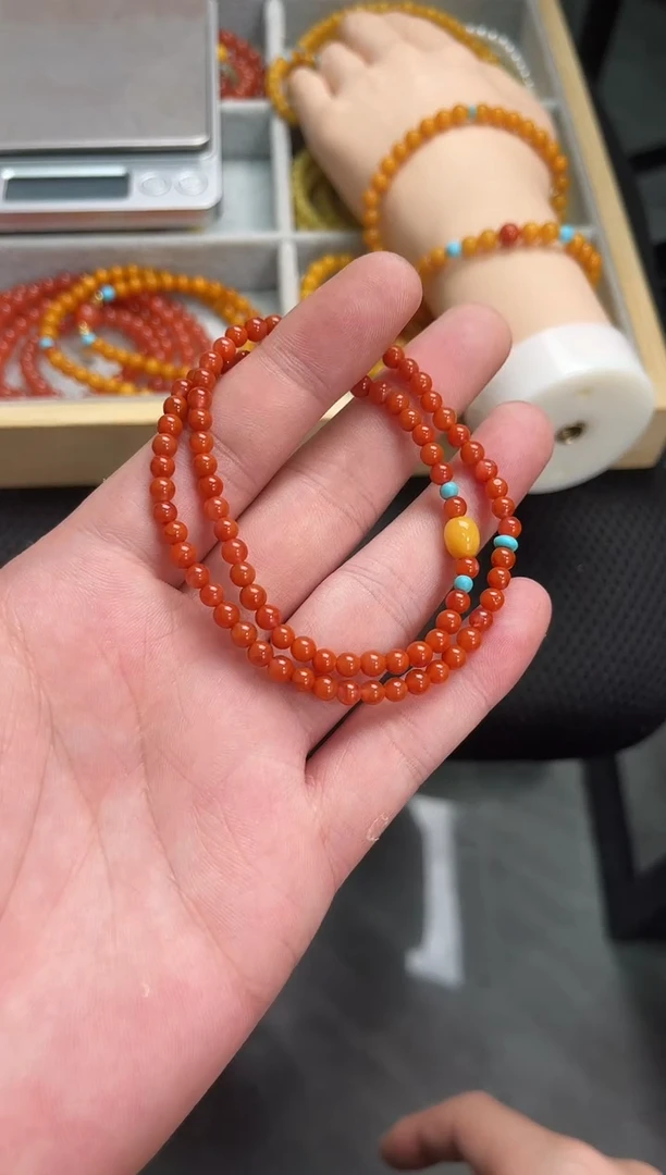 手串未镶嵌南红玛瑙南红柿子红双圈蜜蜡QF-B73