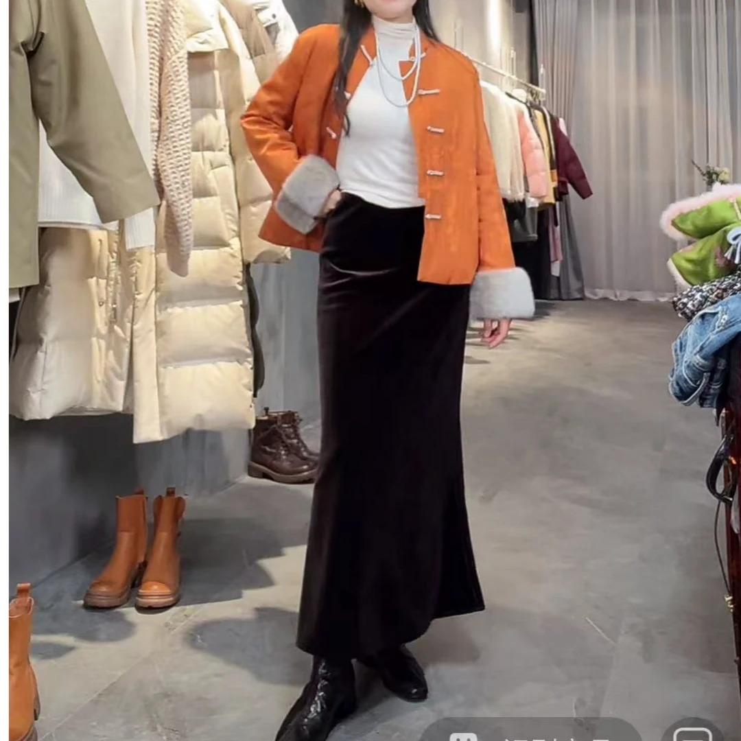 【小黑家】长89高端丝绒加磨毛厚款弹力腰气质女神半身裙