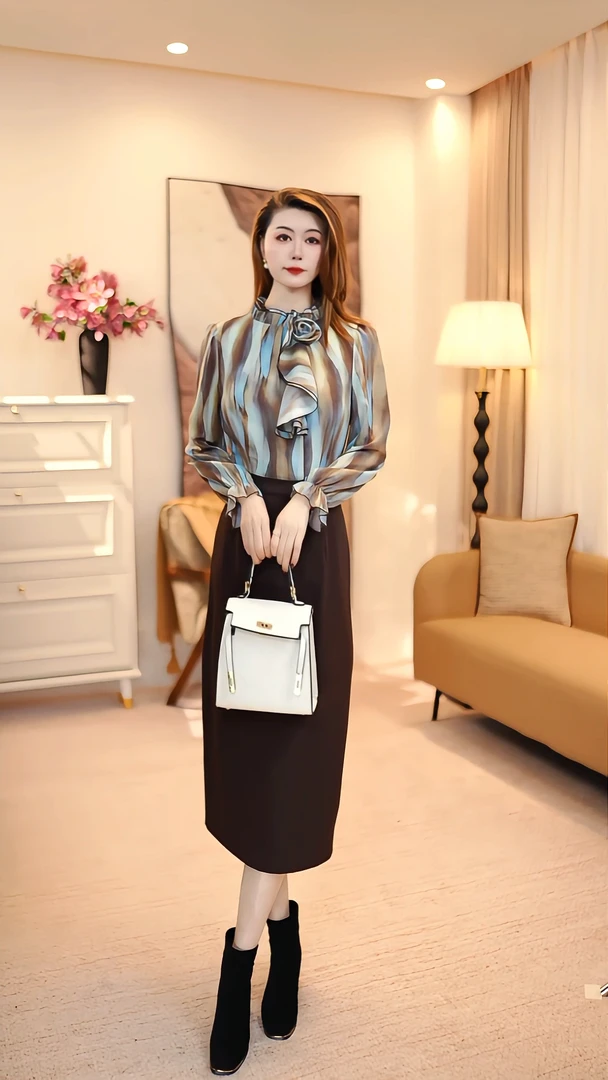 立领常规款长袖薄款春秋拼接衬衫连衣裙小众设计感 86155